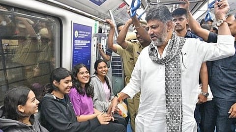 File image: Chief Minister DK Shivakumar travels in Namma Metro as he leaves for his constituency Kanakapura, for the first time.