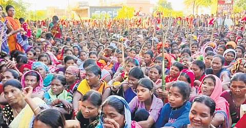 The irate women staging protest at Chauria Guda square in Nabarangpur | express