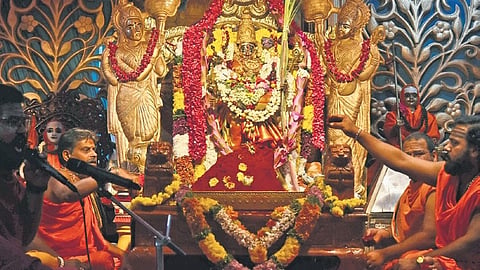 Goddess Kanaka Durga in Sri Lalitha Tripura Sundari Devi Avatar on Day 5 of Navaratri festival.