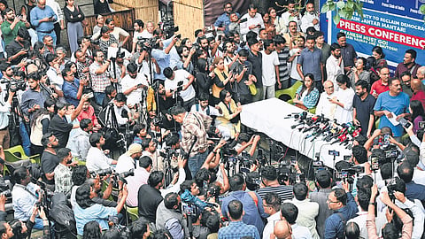CJP co-founder Abhijeet Dipke, advocate Prashant Bhushan, actor Prakash Raj and AISA president Neha Bora held a press conference at the Press Club of India ahead of the Tiranga March on Thursday that saw a massive turnout.