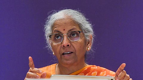 In this file photo from Oct. 08, 2026, Union Finance Minister Nirmala Sitharaman speaks during a press conference in New Delhi.