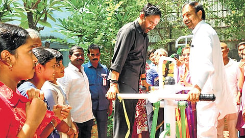 Union Minister G Kishan Reddy works out after inaugurating an outdoor gym at Uma Nagar Colony of Khairatabad in Hyderabad on Friday.