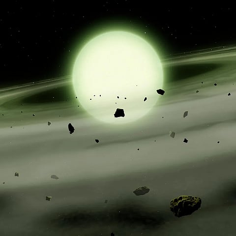 The white dwarf WDJ1330+6435 absorbs broad wavelengths through sodium-rich planetary debris, giving its dense atmosphere a ghostly green appearance.