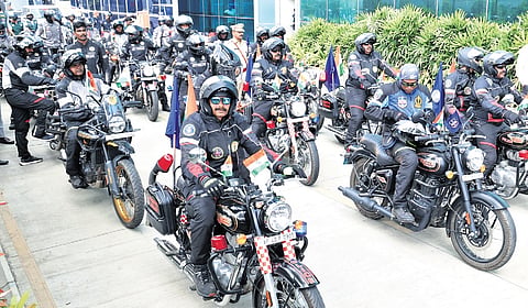 Bikers start their rally to Gujarat from the state police headquarters in Hyderabad on Saturday