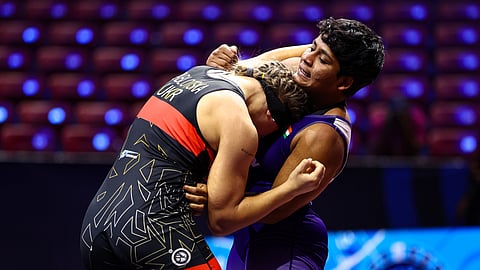 Amruta Pujari (R) in action during the U23 World Championships in Las Vegas, USA