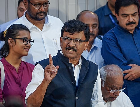 Shiv Sena (UBT) MP Sanjay Raut, along with the INDIA bloc leaders, addresses the media over the Special Intensive Revision (SIR) row, in New Delhi.