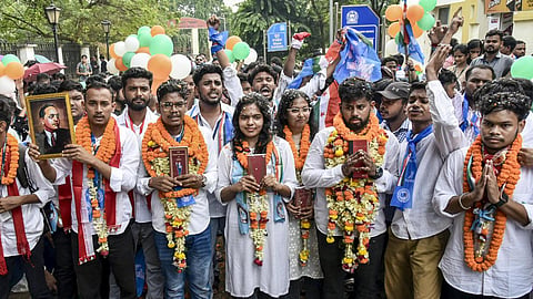 Bhubaneswar: Student leaders of Akhil Bharatiya Vidyarthi Parishad (ABVP), Biju Chhatra Janata Dal (BCJD) and National Students' Union of India (NSUI) arrive to file their nomination papers ahead of the Utkal University Students' Union Election, in Bhubaneswar, Odisha, Friday, Oct. 9, 2026.