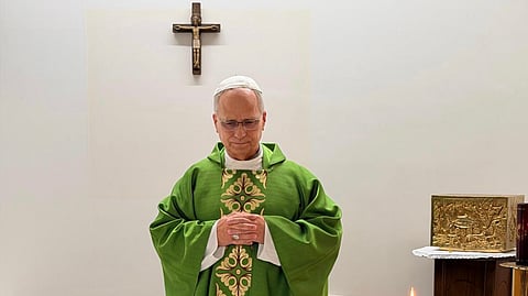 This picture, released by Vatican Media on Friday, Oct. 16, 2026, shows Pope Leo XIV celebrating Mass at the Agostino Gemelli Polyclinic in Rome, where he is recovering after having cancer removed from his right lung.