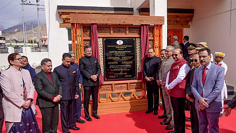 Ladakh Lieutenant Governor Vinai Kumar Saxena, Chief Justice of India Justice Surya Kant and others in a group photograph during the inauguration of Ladakh Bench of the High Court of Jammu and Kashmir and Ladakh, in Leh.