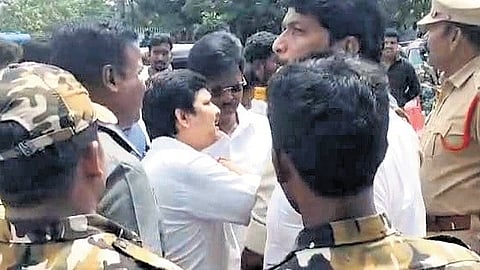 Tension at the municipal corporation office in Tirupati on Saturday.