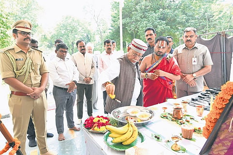 Governor Shiv Pratap Shukla performed Ayudha Puja at Lok Bhavan on Sunday, offering prayers to Goddess Durga and Goddess Pochamma