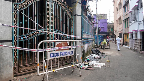 Chorbagan Sarbojanin Durga Puja pandal remains sealed following a stampede, in Kolkata, Sunday, Oct. 18, 2026.