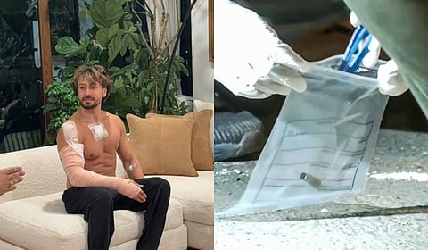 Tiger Shroff with dressings on his shoulder and chest and a bandage on his right arm (R); A forensic team collects samples from the spot where shots were fired at him, in Mumbai (L).