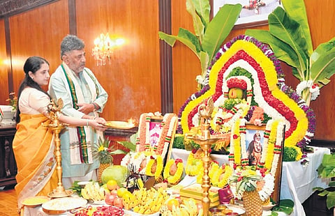 On the occasion of Dasara, CM DK Shivakumar and his wife Usha perform pooja at
his office in Vidhana Soudha in Bengaluru on Monday