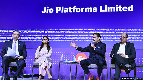 Reliance Jio Infocomm Limited (RJIL) Chairman Akash Ambani, along with the company's Non-Executive Director Isha Ambani, Kotak Securities Chairperson Uday Kotak and Jio Platforms CEO Pankaj Pawar, speaks at the Jio Platforms initial public offering (IPO) announcement event in Mumbai on Thursday, Oct. 15, 2026.