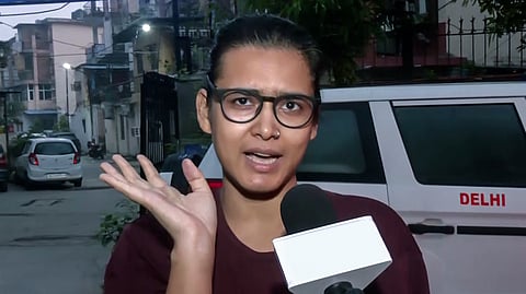 AISA National President Neha Bora speaks to the media following her release from RK Puram Police Station after being detained by Delhi Police in New Delhi on Saturday, Oct. 17, 2026.