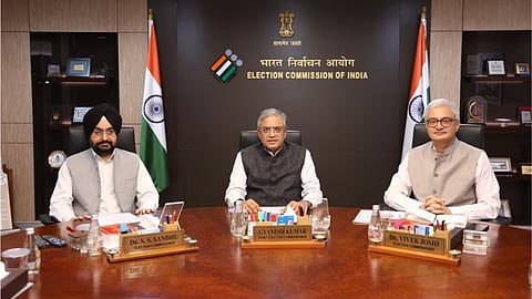Chief Election Commissioner Gyanesh Kumar (centre) and Election Commissioners Sukhbir Singh Sandhu (L) and Vivek Joshi (R).