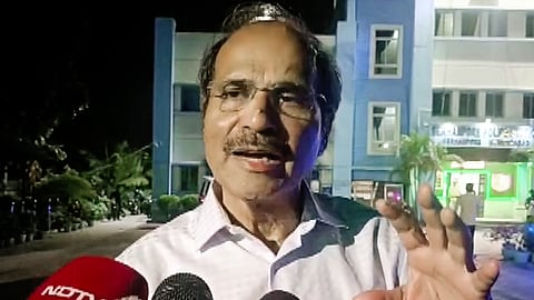 Congress leader Adhir Ranjan Chowdhury speaks to the media in Murshidabad.
