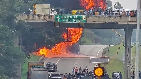 Gas tanker overturns and catches fire on NICE Road; traffic disrupted for hours.