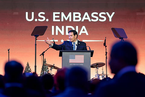 U.S. Secretary of State Marco Rubio speaks during a Freedom 250 reception at the Jio World Convention Centre in Mumbai, India, Tuesday, Oct. 20, 2026.