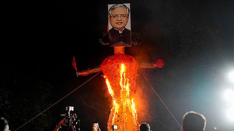 IYC burns Ravan effigy of CEC Gyanesh Kumar at its Raisina Road office.