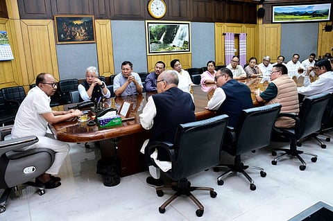 Manipur Chief Minister Y Khemchand Singh on Tuesday met INDIA bloc leaders, including state Congress chief Okram Ibobi Singh and CLP leader K Meghachandra Singh, to review the state's law and order situation.