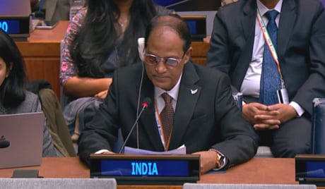 Lok Sabha MP Alok Kumar Suman delivering India's statement at the UN General Assembly First Committee.