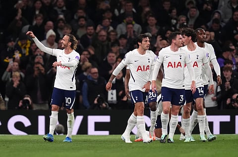 Tottenham Hotspur's James Maddison, left, celebrates scoring during the English Premier League soccer match between Tottenham Hotspur and Coventry City in London, Monday Oct. 19, 2026.