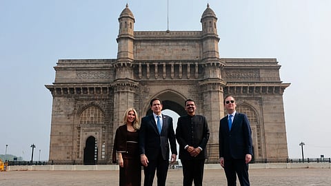 US Secretary of State Marco Rubio, second left, and his wife Jeanette Dousdebes Rubio, left, pose for a photo with Maharashtra Chief Minister Devendra Fadnavis, third left, at the Gateway of India in Mumbai, India, Tuesday, Oct. 20, 2026.