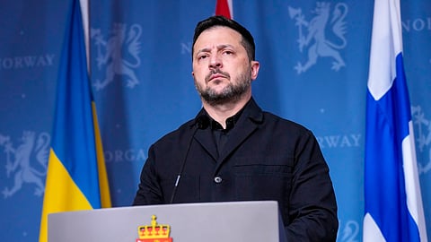 Ukrainian President Volodymyr Zelensky speaks during a press conference on Tuesday, Oct. 20, 2026 in Oslo, Norway.