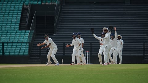 Kerala players appeal for a wicket on Day 4 of their match against Odisha on Wednesday