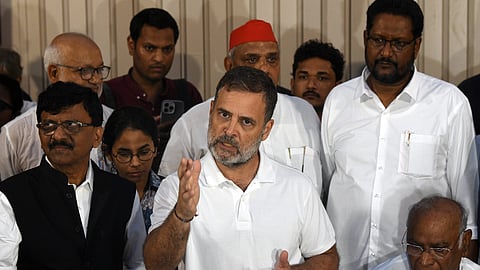 In this photo from Oct. 13, 2026, Lok Sabha LoP Rahul Gandhi addresses a press conference after a tea meeting with INDIA Bloc, AISA, and CJP leaders in New Delhi.