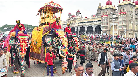 Elephant Prashantha carries the 750-kg golden howdah with idol of Goddess Chamundeshwari during the Jamboo Savari procession in Mysuru on Wednesday.