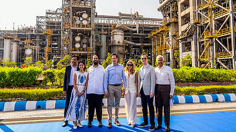Reliance Industries Executive Director Anant Ambani and his wife Radhika Merchant pose for a group picture with U.S. Secretary of State Marco Rubio (centre), U.S. Ambassador to India Sergio Gor and other dignitaries at Reliance Industries’ refinery, in Jamnagar on Wednesday.
