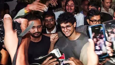 CJP leaders Saurav Das and Ashutosh Ranka come out of Tihar Jail after the SEM Court ordered their release, in New Delhi on Wednesday.