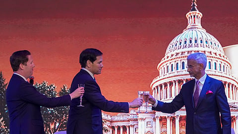 External Affairs Minister S. Jaishankar toasts with US Secretary of State Marco Rubio, center, and US Ambassador to India Sergio Gor, left, during the 'Freedom 250' celebration marking the 250th anniversary of American Independence, in Mumbai, Tuesday, Oct. 20, 2026.