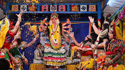 Arshiya Khan (centre) performs as Goddess Mahishamardini during the Yakshagana performance as part of Dasara celebrations at Kadri Temple on Tuesday.