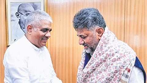 CM DK Shivakumar with Union Minister for Environment, Forest and Climate Change Bhupender Yadav at Paryavaran Bhawan in New Delhi on Thursday