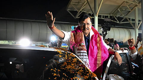 BJP National President Nitin Nabin greets party supporters as he arrives at Birsa Munda Airport in Ranchi, Friday, Oct. 23, 2026. Nabin arrived on a three-day visit to Jharkhand to attend the state BJP executive committee meeting.