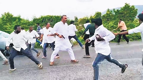 A TDP activist Balasubrahmanyam fired in air as rival groups of the party clashed at Nandaluru; a car set ablaze by the mobs; police take Kadapa MP YS Avinash Reddy and other YSRCP leaders into custody