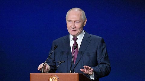 Russia's President Vladimir Putin delivers a speech during a festive event at the Bolshoi Theatre marking the 150th anniversary of Russia's Union of Theatre Workers in Moscow, Russia, on October 22, 2026.