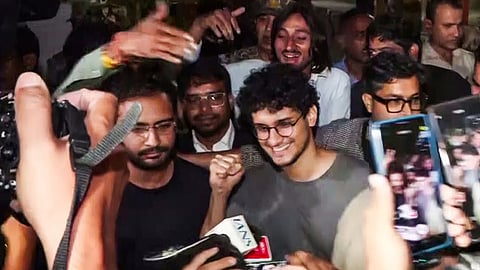 CJP leaders Saurav Das and Ashutosh Ranka come out of Tihar Jail after the SEM Court ordered their release in New Delhi on Wednesday, Oct. 21, 2026.