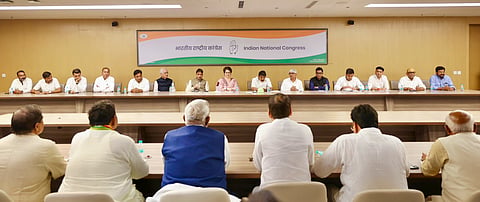 Congress General Secretary Priyanka Gandhi Vadra and General Secretary (Organisation) KC Venugopal, along with AICC In-Charge Rajendra Pal Gautam, senior leader Salman Khurshid, and other party leaders, during a strategy meeting at the AICC headquarters, in New Delhi. The meeting was held to review mobilization efforts across Uttar Pradesh and Haryana for the upcoming INDIA Bloc mega rally and 'Delhi Chalo' march scheduled for November 1 at Ramlila Maidan against the Election Commission's Special Intensive Revision (SIR) of electoral rolls.