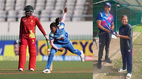 Jintimani Kalita in action during the first ODI on Friday/ Kalita with Nagesh Gupta at Cricket With Nagesh academy in Chandigarh