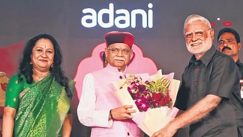 Governor Shiv Pratap Shukla with Prabhu Chawla, Editorial Director, TNIE, and Lakshmi Menon, CEO of the TNIE Group; awardees at the 41st Devi Awards ceremony at ITC Kakatiya in Hyderabad on Friday