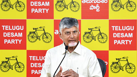 Andhra Pradesh Chief Minister N Chandrababu Naidu addresses a press conference in Amaravati on Oct. 19, 2026.