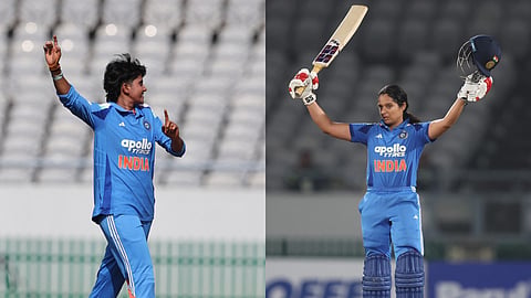 Shree Charani's (L) career-best 4/23 and Pratika Rawal's unbeaten 100 helped India crush Zimbabwe by 9 wickets.