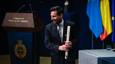 Argentine football legend Lionel Messi receives the 2026 Princess of Asturias Award for Sport during the 2026 Princess of Asturias Awards ceremony at the Campoamor theatre in Oviedo on October 23, 2026.