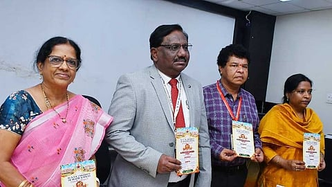 Dr. NTR University of Health Sciences Vice-Chancellor Dr. P. Chandrasekhar, Registrar Dr. T. Sai Sudheer and others releasing the invitation for the Universitys Ruby Jubilee celebrations in Vijayawada on Friday.