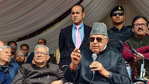 Jammu and Kashmir National Conference supremo Farooq Abdullah chairs the workers' convention, in Baramulla district, Saturday, Oct. 24,